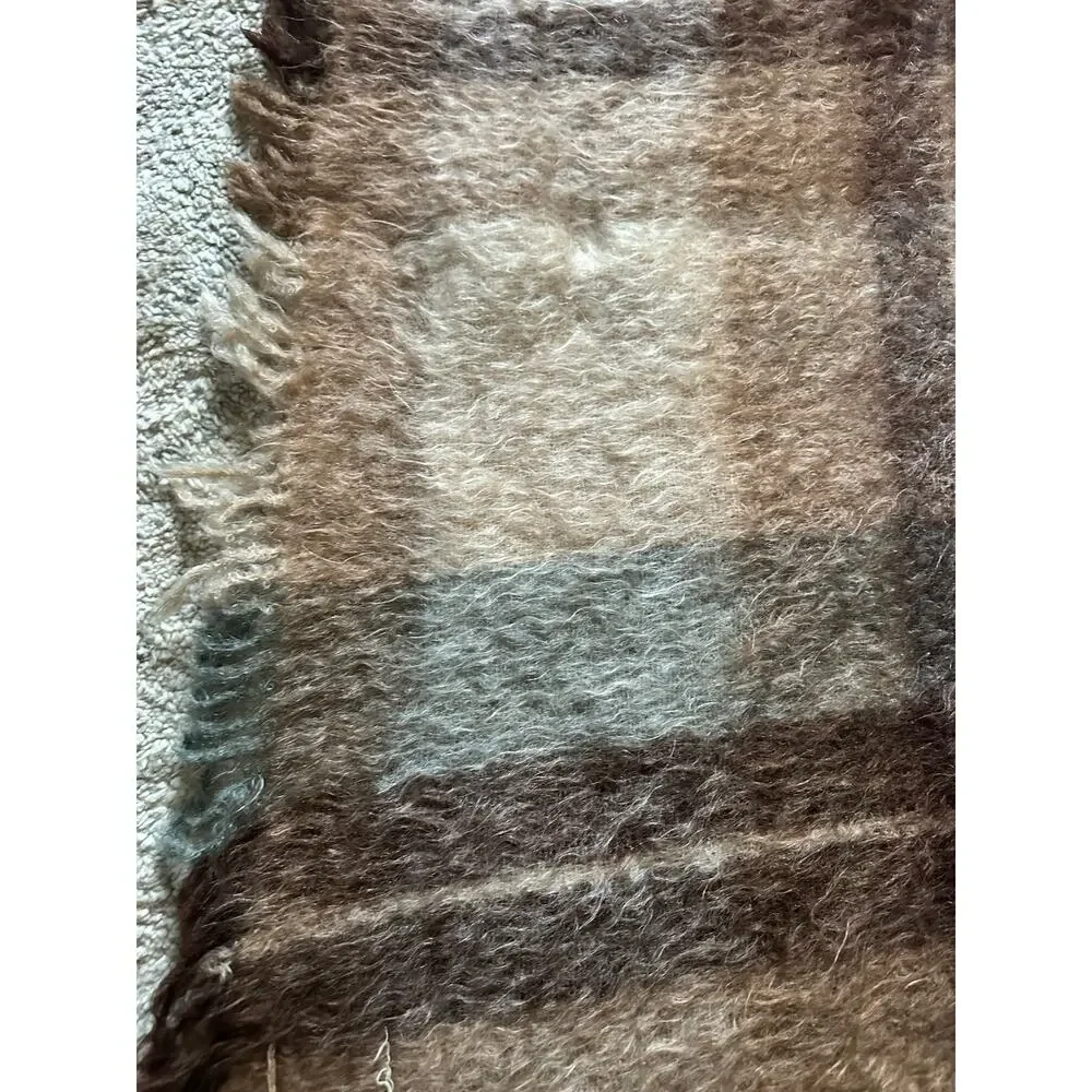 Vintage Mohair & Wool Throw plaid beige blue tan fringed fuzzy 52x36”
